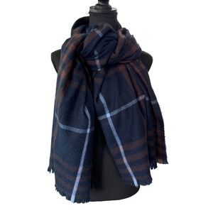 Banana Republic Navy Blue Brown Plaid Oversized Blanket Scarf Shawl Wrap Preppy